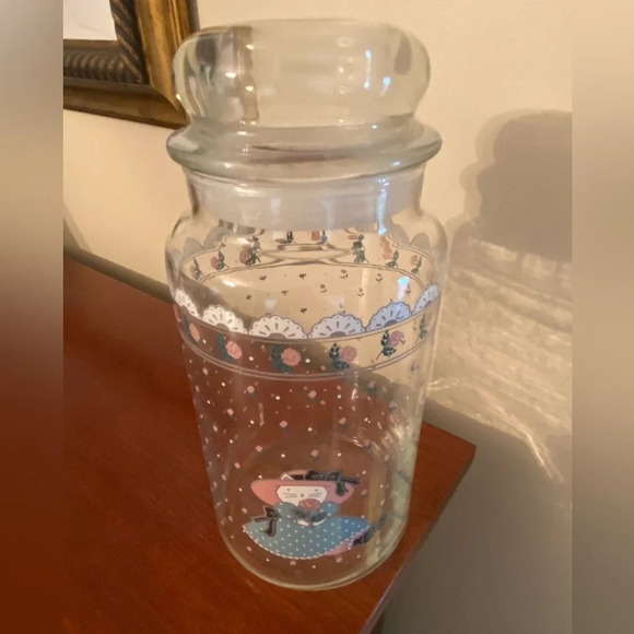 Vintage 1988 CHD Anchor Hocking Country Cat Glass Jar Canister Kitty Rose Lace - Picture 3 of 12
